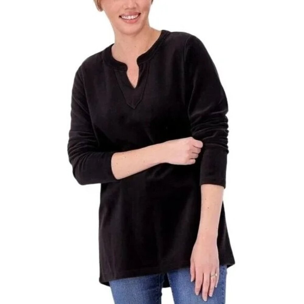 Denim and Co Petite Velour Split Banded V Neck Hi Low Tunic Womens 5X Black NEW
